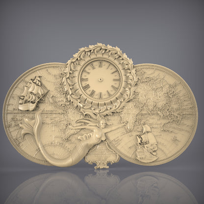 Explorers' Voyage 3D STL Clock Model - CNC Carving, World Map Art, Nautical Wall Decor, Artcam Aspire Files, Timepiece Engraving Design
