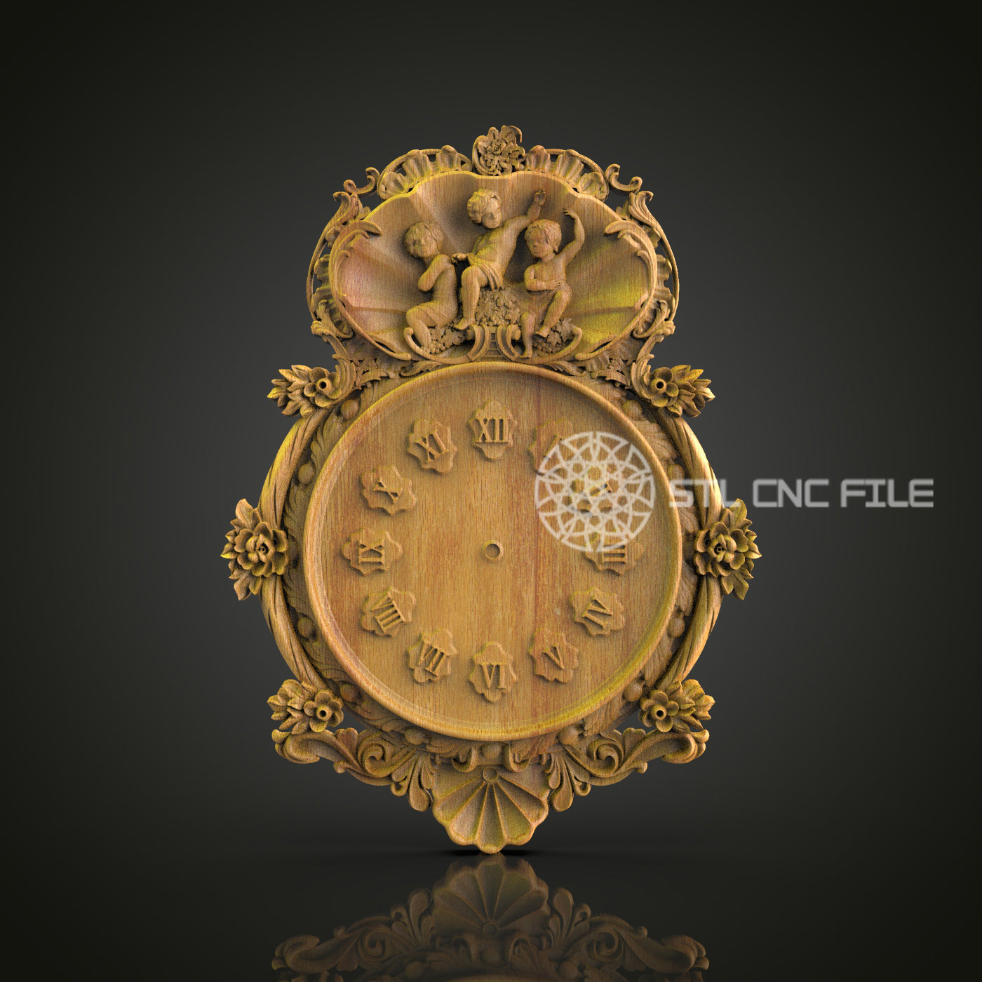 Cherub Ornament Clock STL, CNC Wall Decor, Floral Timepiece Design