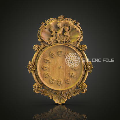 Cherub Ornament Clock STL, CNC Wall Decor, Floral Timepiece Design