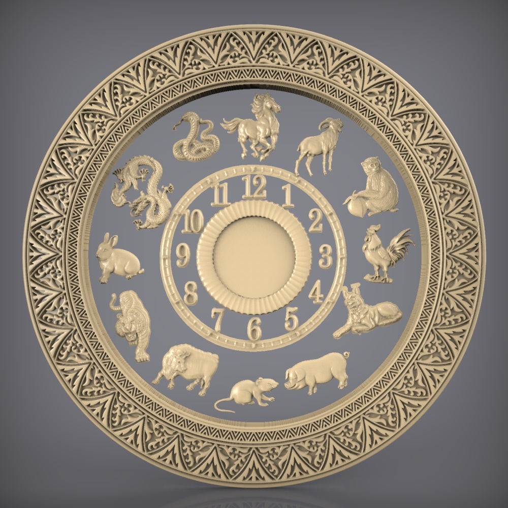 Zodiac Animals Clock STL Model - CNC Router Engraving Files for Astrological Wall Art, Artcam Aspire Compatible