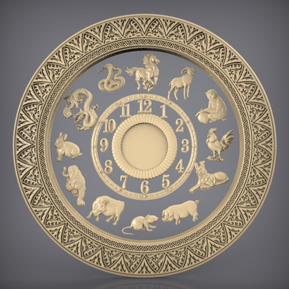 Zodiac Animals Clock STL Model - CNC Router Engraving Files for Astrological Wall Art, Artcam Aspire Compatible