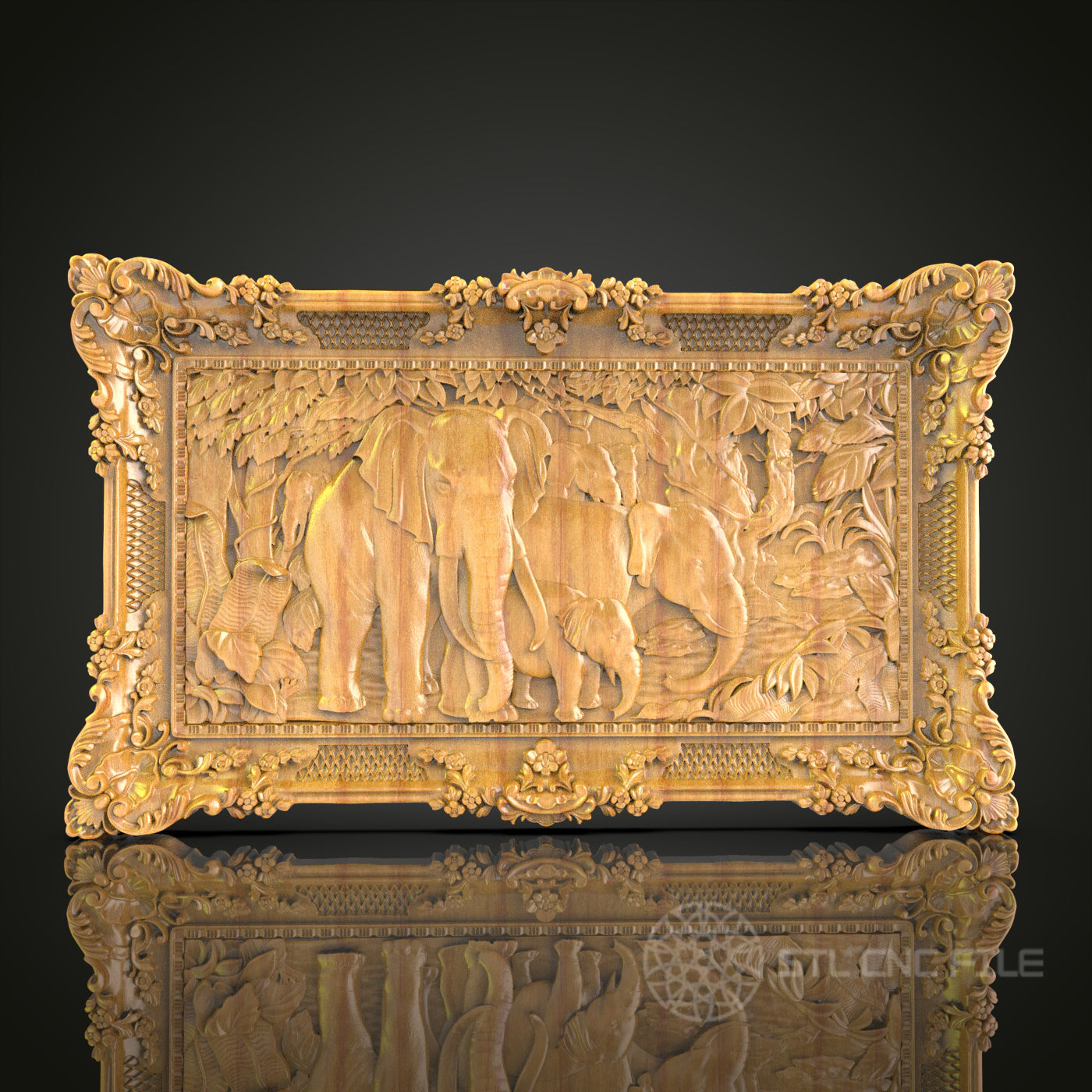 Elephant Family Relief - CNC Carved Wood Panel, Ornate Frame, Artcam/Aspire STL File