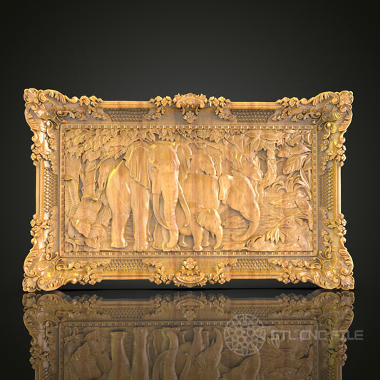 Elephant Family Relief - CNC Carved Wood Panel, Ornate Frame, Artcam/Aspire STL File