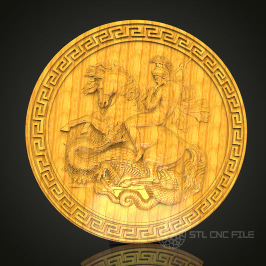 Mythical Encounter: CNC Carved Greek Warrior and Dragon, STL Model, Wall Art