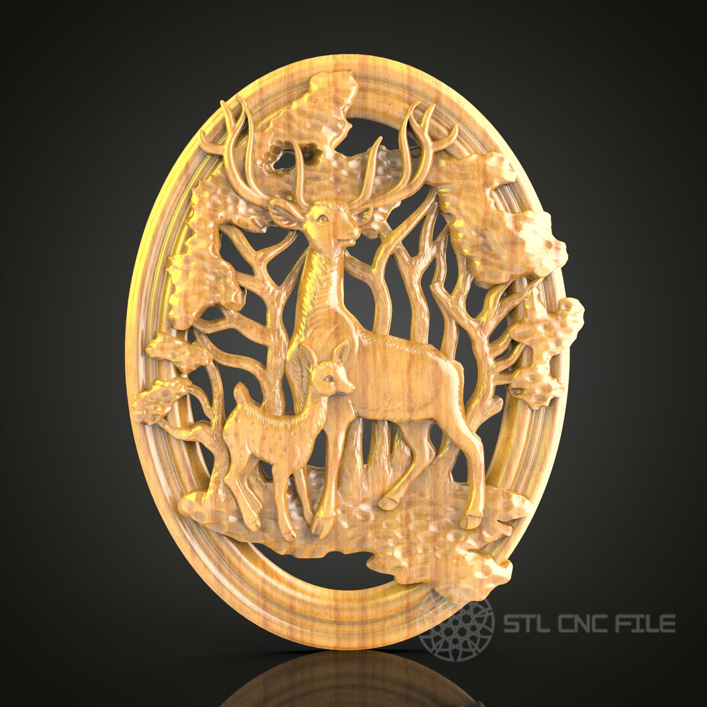 Majestic Deer Forest Scene - CNC Router Engraved Wooden Wall Art, STL Model File Available