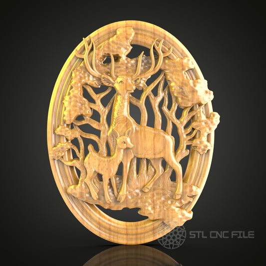 Majestic Deer Forest Scene - CNC Router Engraved Wooden Wall Art, STL Model File Available
