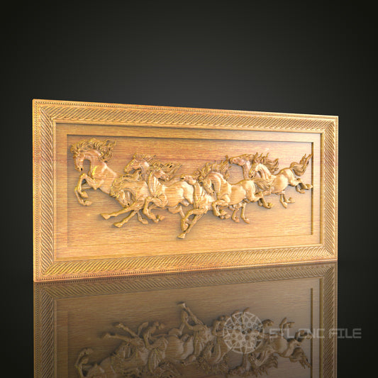 Stampede of Horses CNC Carved Wood Panel, Artcam STL Model for Dynamic Equestrian Decor