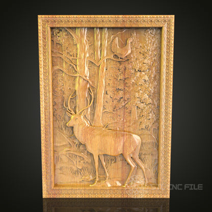 Majestic Deer in Forest Scene Wall Art - CNC Carved STL Model, Wood Wildlife Decor