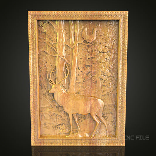 Majestic Deer in Forest Scene Wall Art - CNC Carved STL Model, Wood Wildlife Decor