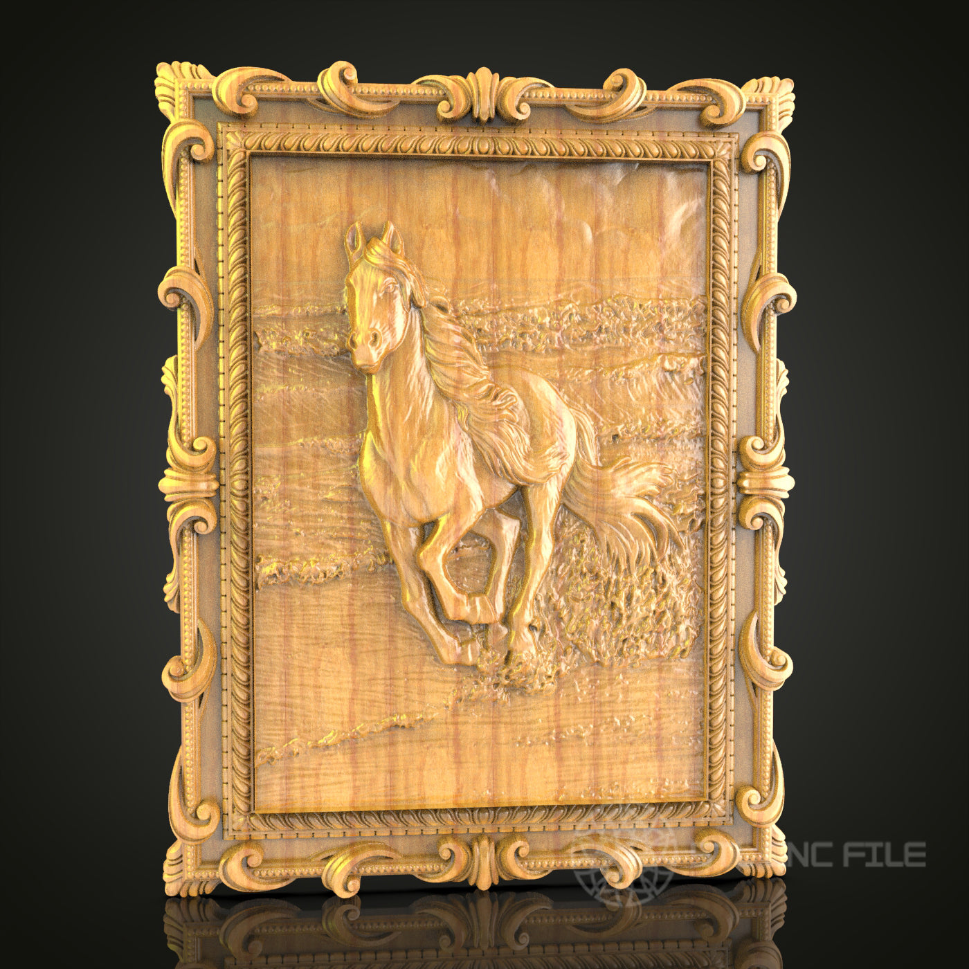 Regal Horse in Motion CNC Carved Wooden Panel, Artcam STL Model for Equestrian Wall Decor