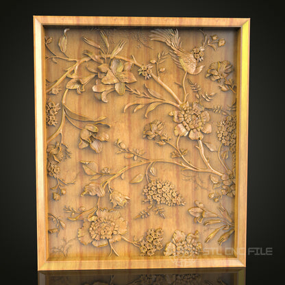 Elegant Floral Relief CNC Wood Carving, Artcam STL Model for Sophisticated Wall Decor