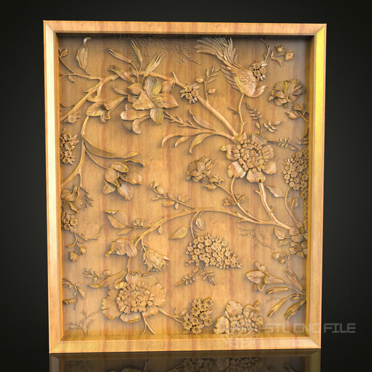 Elegant Floral Relief CNC Wood Carving, Artcam STL Model for Sophisticated Wall Decor
