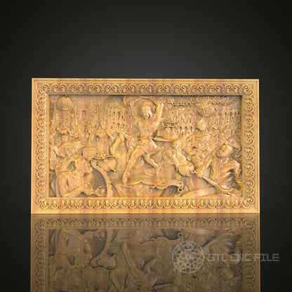 Exquisite Mythological Battle Scene CNC Carved Wooden Panel, Artcam STL Model for Wall Decor