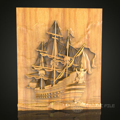 Majestic Sailing Ship CNC Wood Carving, Artcam STL Model for Nautical Wall Decor