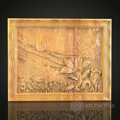 Sunset Landscape Wall Art - CNC Carved Wood, STL Model, Nature Inspired Decor