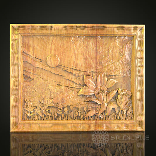 Sunset Landscape Wall Art - CNC Carved Wood, STL Model, Nature Inspired Decor