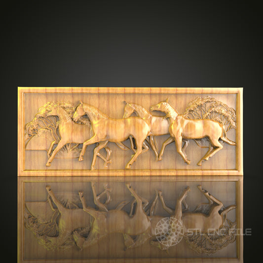 Dynamic Galloping Horses CNC Wood Carving, Artcam STL Model for Equestrian Wall Decor