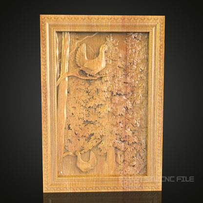 Autumn Bird in Forest Wall Art - CNC Carved Wood, Rustic Nature Decor, STL Model