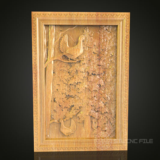 Autumn Bird in Forest Wall Art - CNC Carved Wood, Rustic Nature Decor, STL Model