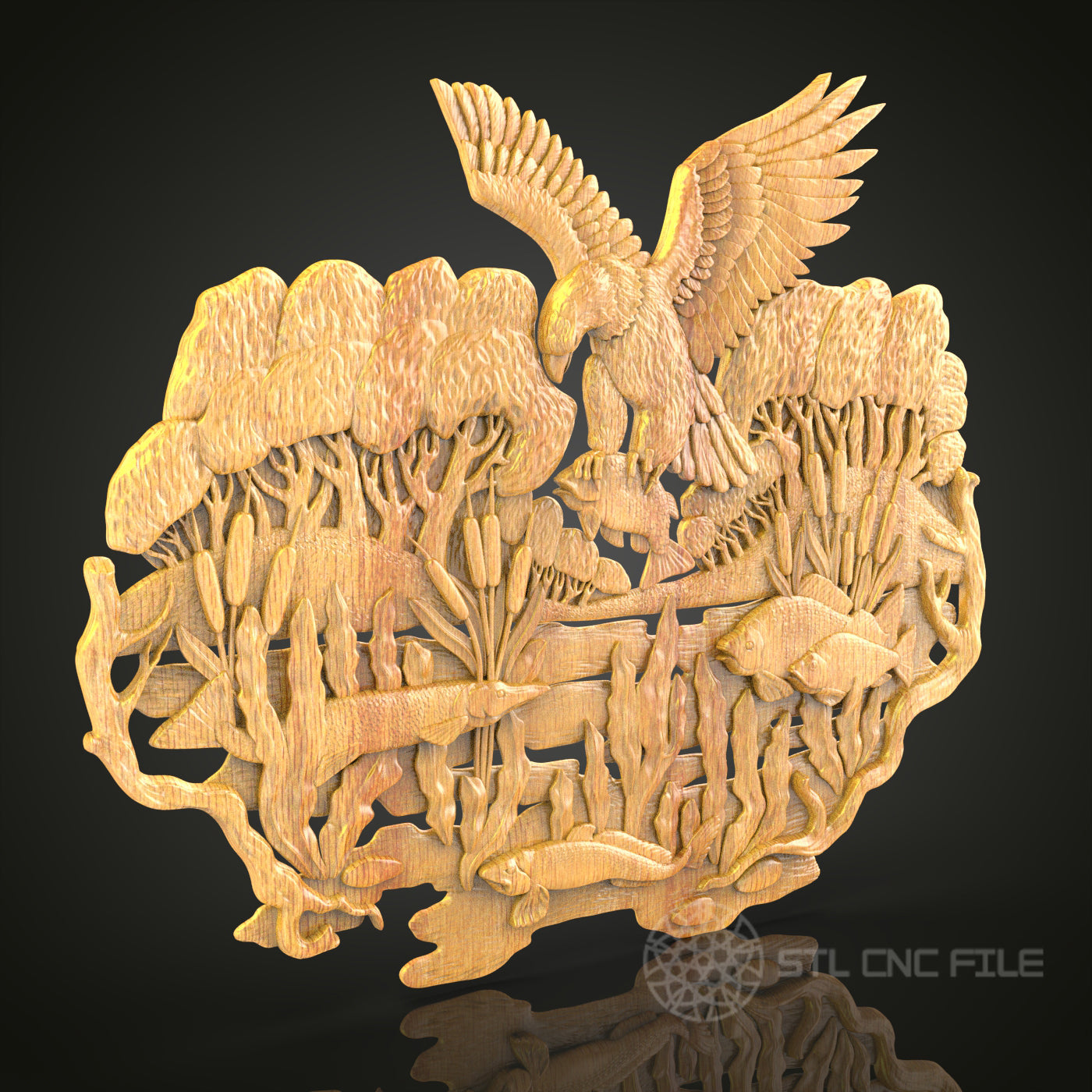 Nature's Symphony CNC Carved Wood Panel, Artcam STL Model of Eagle, Trees & Fish for Wall Decor