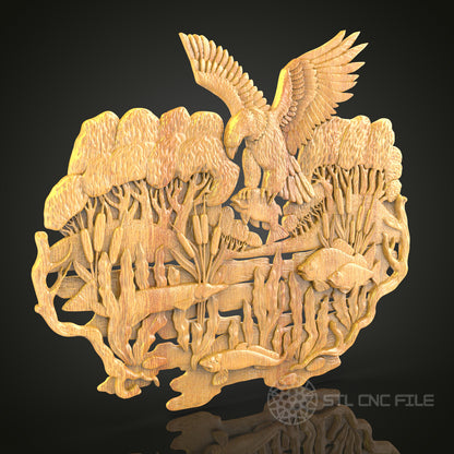 Nature's Symphony CNC Carved Wood Panel, Artcam STL Model of Eagle, Trees & Fish for Wall Decor