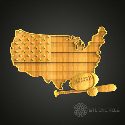STL Model CNC Router Engraver Artcam Aspire File for Wood Art Wall Decor - USA Sports Flag Map