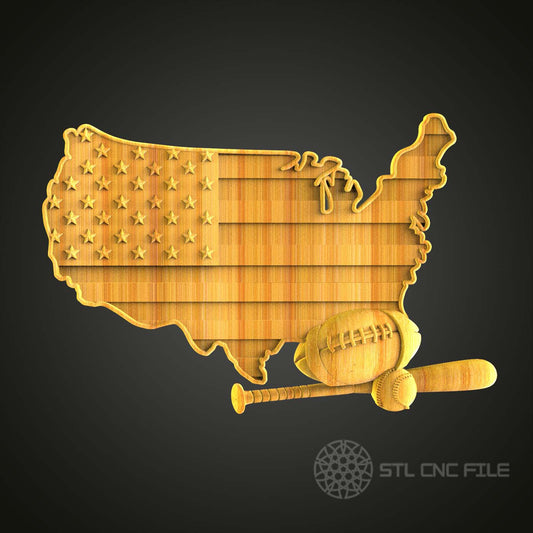 STL Model CNC Router Engraver Artcam Aspire File for Wood Art Wall Decor - USA Sports Flag Map
