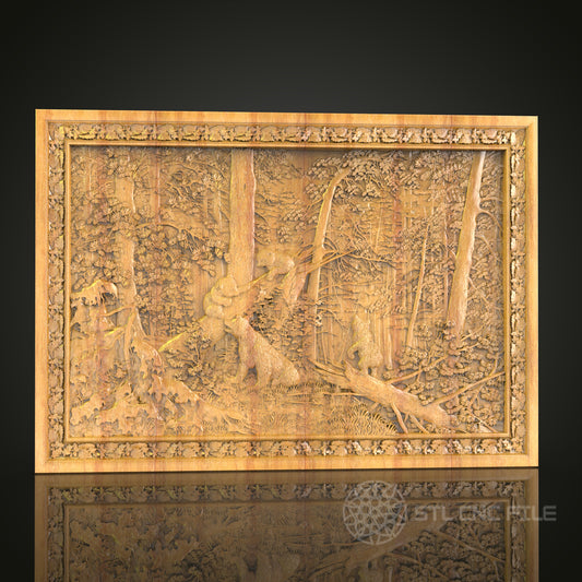 Forest Retreat: Detailed CNC Wood Carving Art, STL Model, Wall Decor