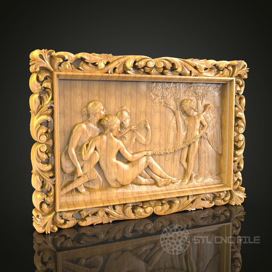 Classical Myths: CNC Carved Nymphs and Satyr, STL Model, Mythological Wall Art