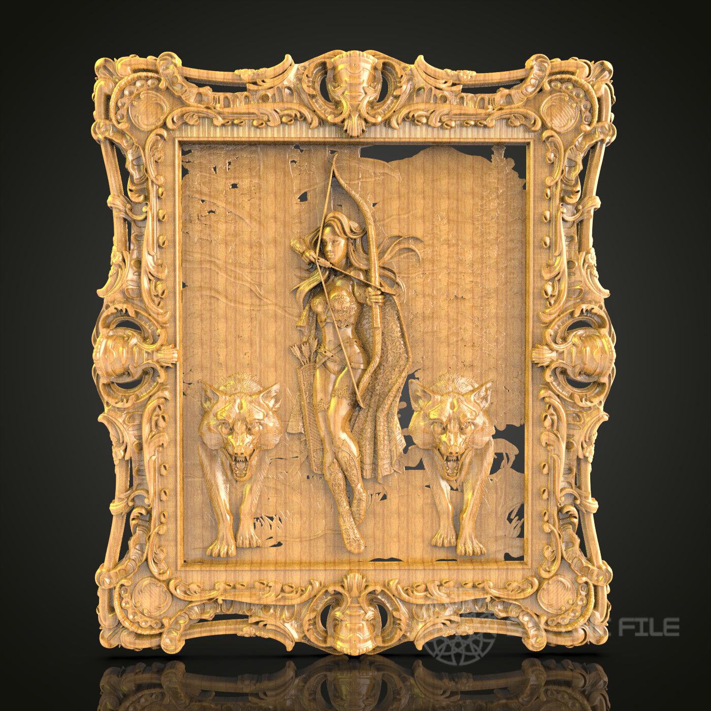 Mythical Warrior and Wolves CNC Carved Panel, Artcam STL Model for Fantasy Wall Decor