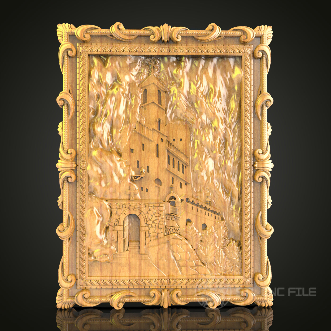 Castle Aflame: CNC Carved Dramatic Fortress Scene, STL Model, Historic Wall Art