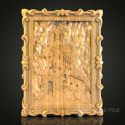 Castle Aflame: CNC Carved Dramatic Fortress Scene, STL Model, Historic Wall Art