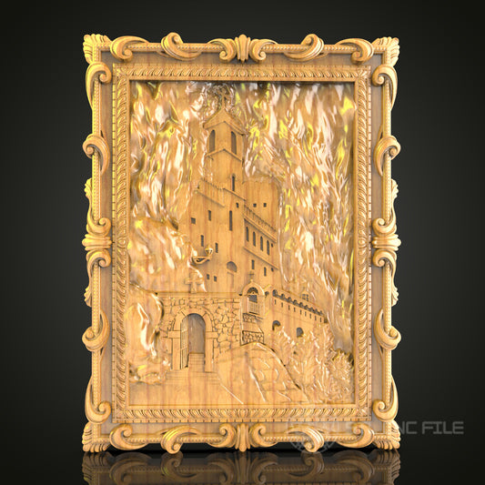 Castle Aflame: CNC Carved Dramatic Fortress Scene, STL Model, Historic Wall Art
