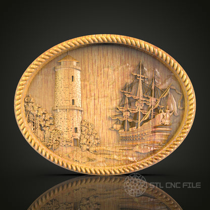 Nautical Lighthouse & Ship Wall Art - CNC Router Engraved, Artcam STL Model, Wood Decor