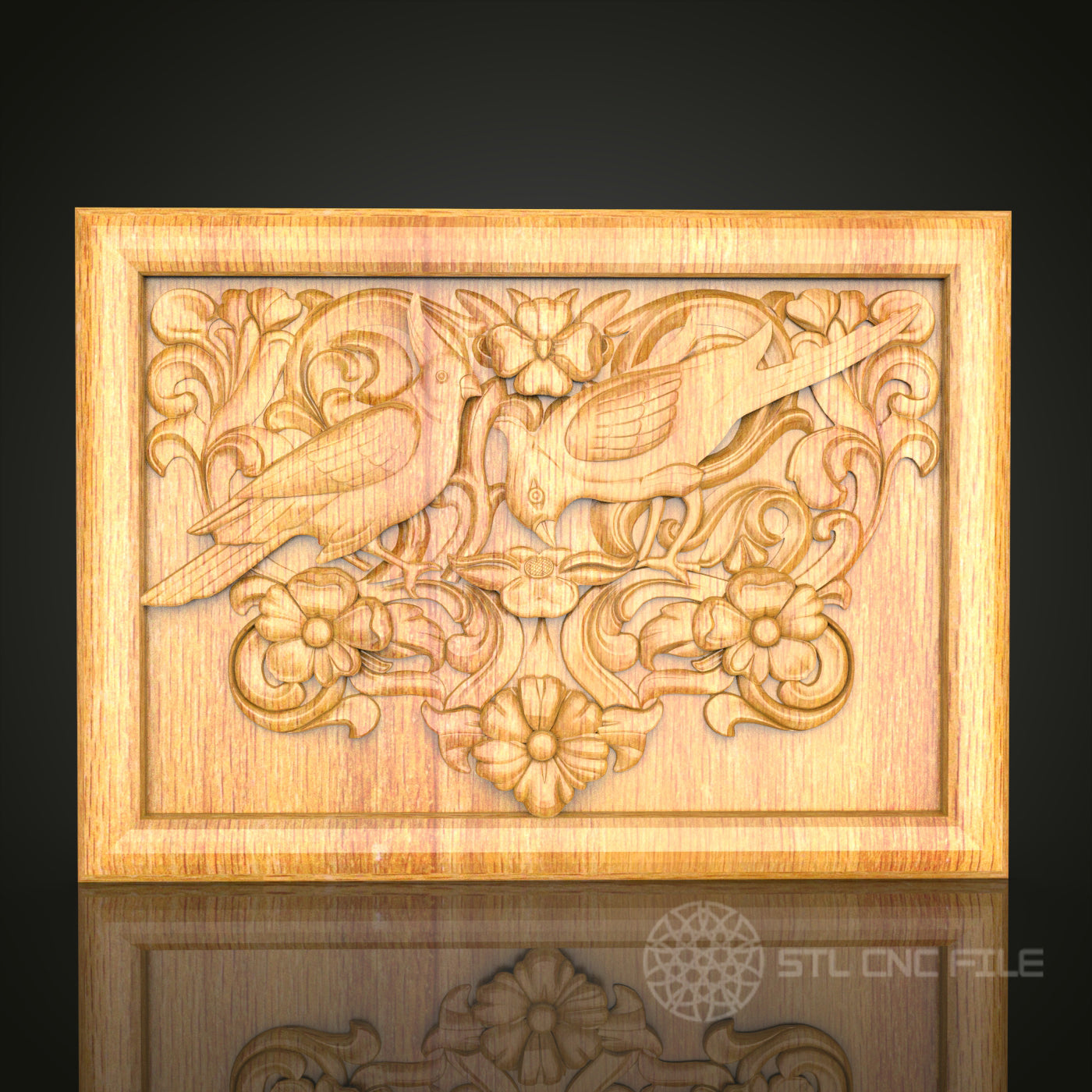 Graceful Birds and Florals CNC Carved Wood Panel, Artcam STL Model for Delicate Wall Decor