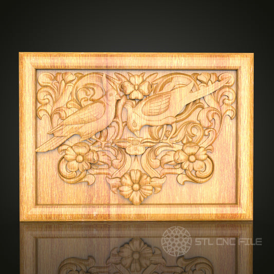 Graceful Birds and Florals CNC Carved Wood Panel, Artcam STL Model for Delicate Wall Decor