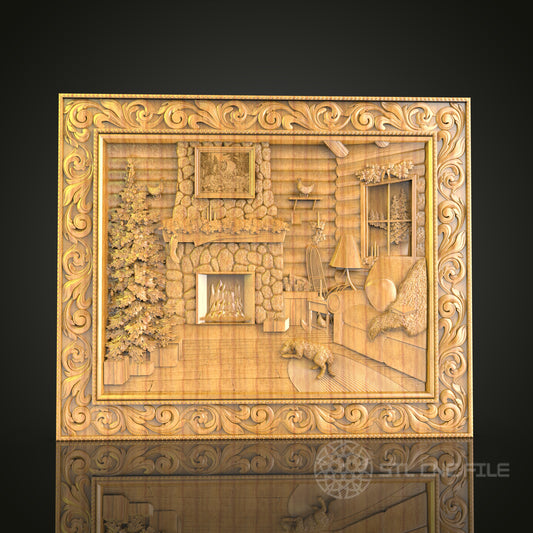 Cozy Cabin Interior Scene - CNC Carved Wood Panel, Rustic Home Decor, STL File for Artcam/Aspire