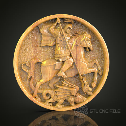 Chivalric Charge: CNC Carved Knight on Horseback, STL Model, Medieval Wall Art