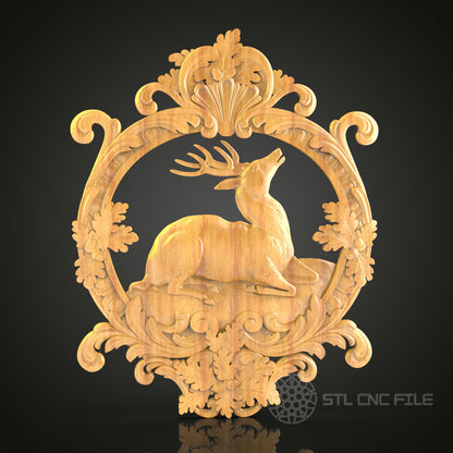 Elegant Deer in Ornate Frame - CNC Carved Wood Wall Art - STL File for Engraving