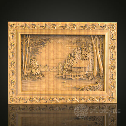 Rustic Cabin Retreat: CNC Carved Forest Scene, STL Model, Decorative Wall Art