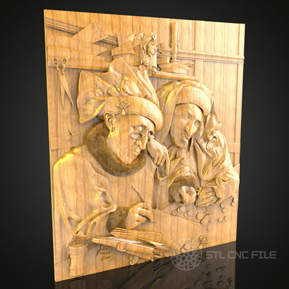 Medieval Scholars: CNC Carved Historical Scene, STL Model, Educational Wall Art