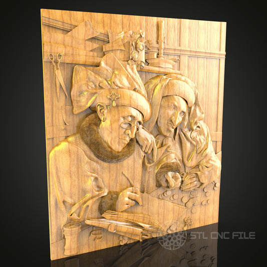 Medieval Scholars: CNC Carved Historical Scene, STL Model, Educational Wall Art