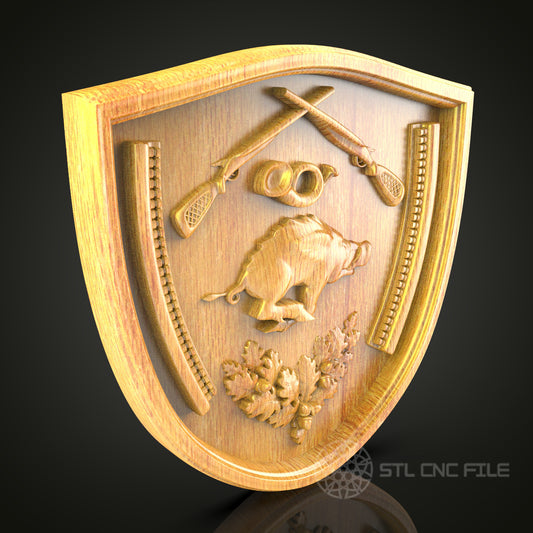Hunting Crest Wall Art - CNC Engraved STL Model, Wood Carving Decor with Hunting Tools