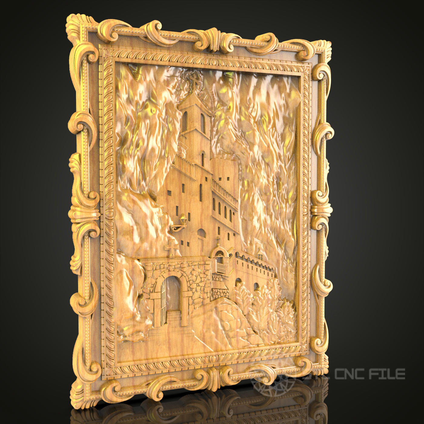 Castle Aflame: CNC Carved Dramatic Fortress Scene, STL Model, Historic Wall Art
