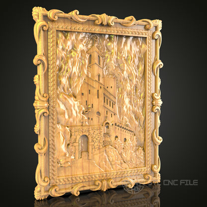 Castle Aflame: CNC Carved Dramatic Fortress Scene, STL Model, Historic Wall Art