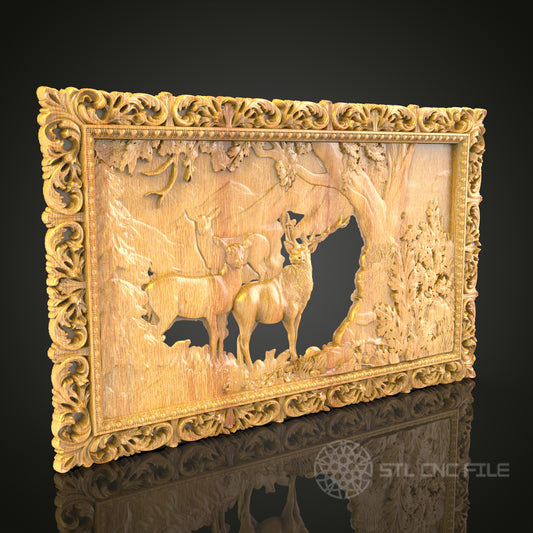 Serene Deer in Forest CNC Wood Carving, Artcam STL Model for Rustic Wall Decor