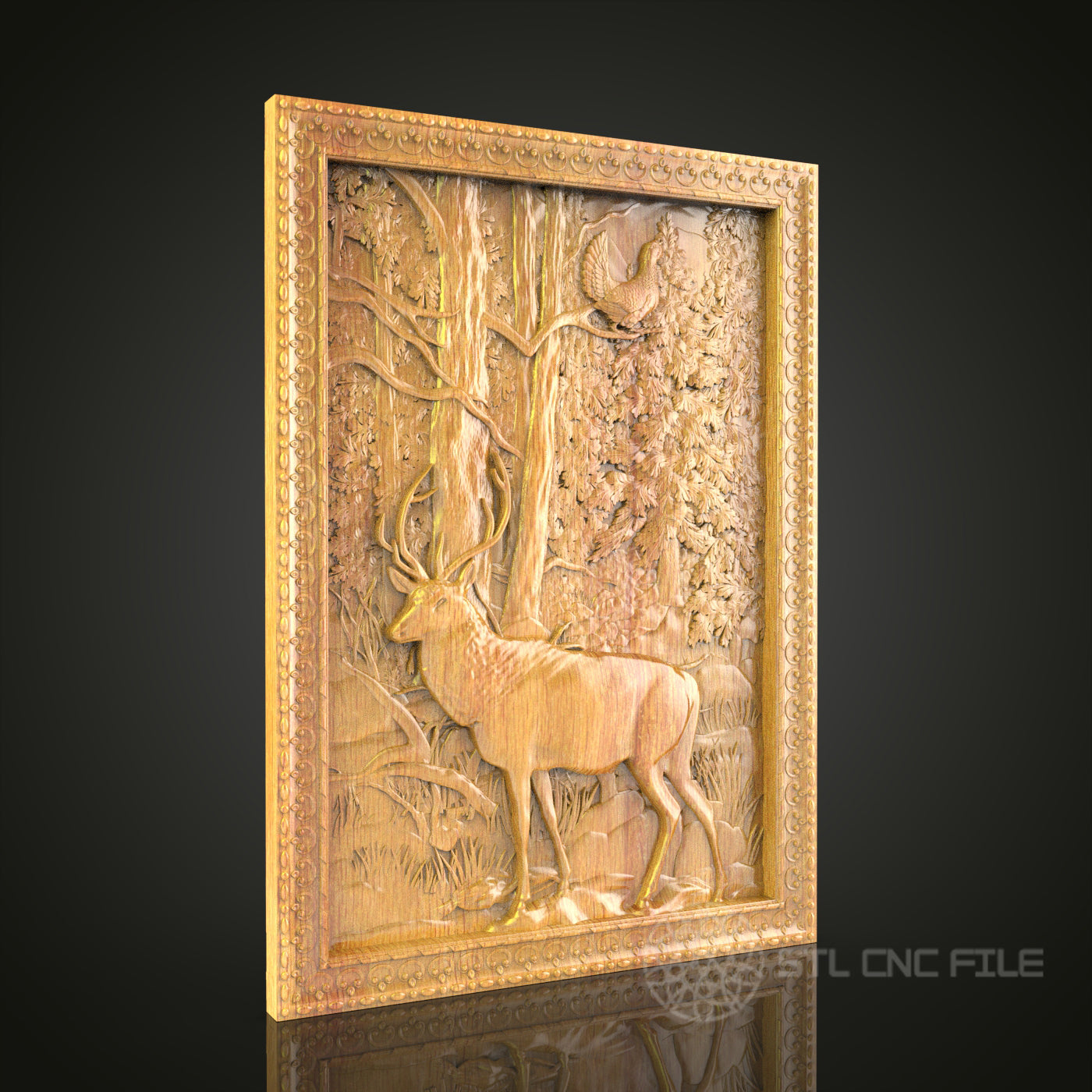 Majestic Deer in Forest Scene Wall Art - CNC Carved STL Model, Wood Wildlife Decor