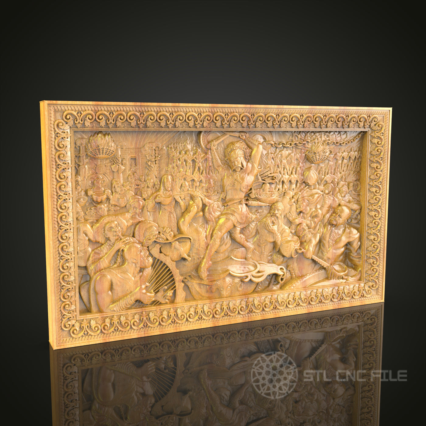 Exquisite Mythological Battle Scene CNC Carved Wooden Panel, Artcam STL Model for Wall Decor