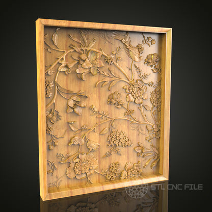 Elegant Floral Relief CNC Wood Carving, Artcam STL Model for Sophisticated Wall Decor