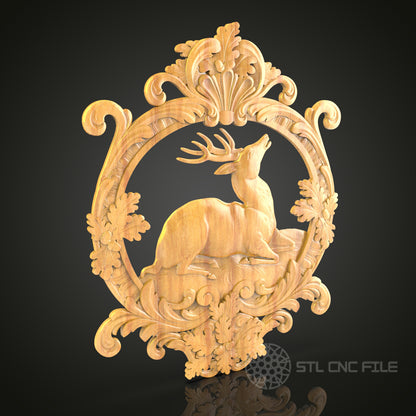 Elegant Deer in Ornate Frame - CNC Carved Wood Wall Art - STL File for Engraving